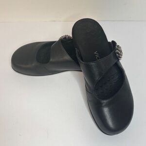 Vionic Black Leather Clog Mule Slides Slip On Comfort Womens Strappy Shoes